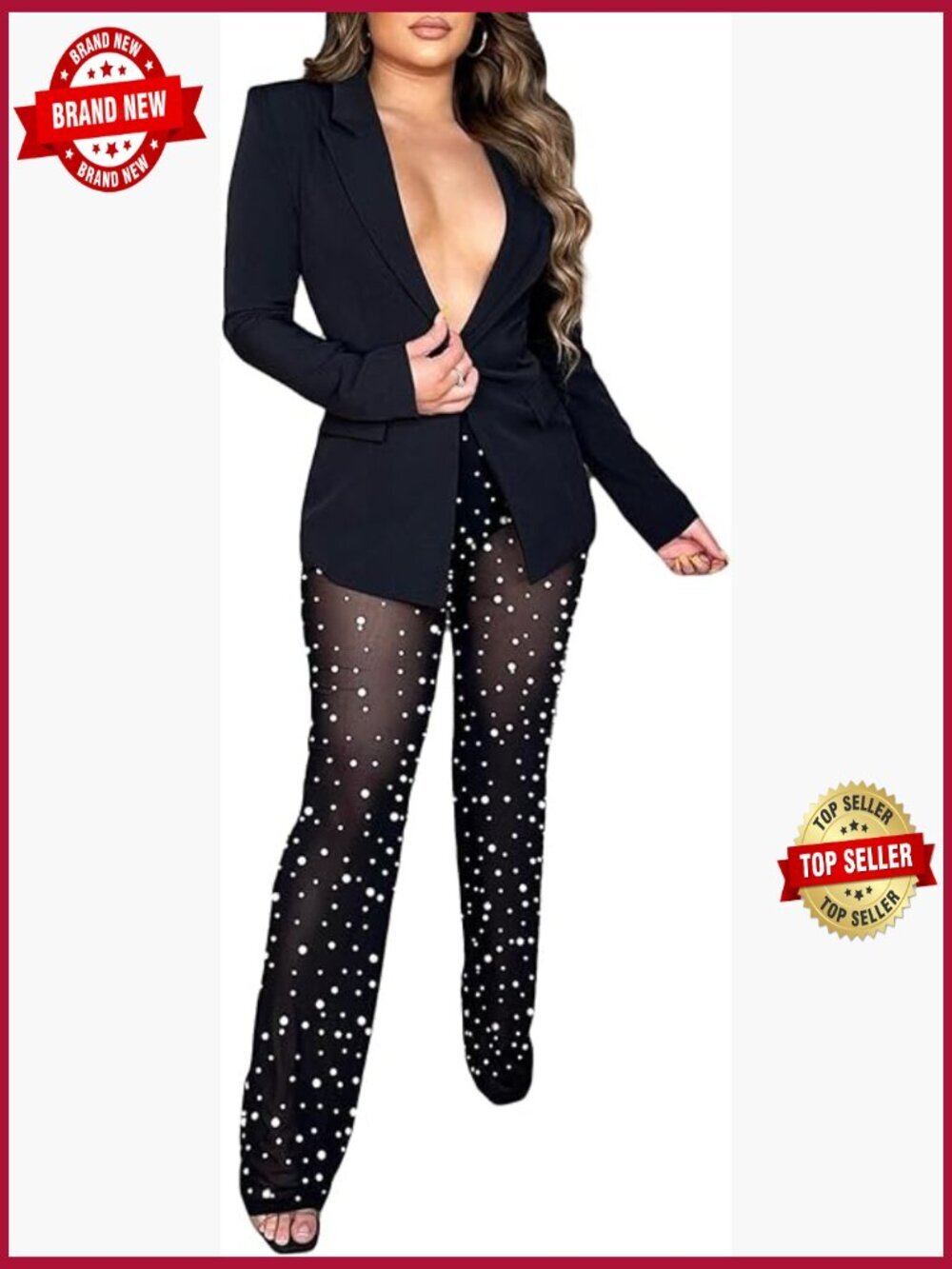 Sexy V Neck Mesh Beading Blazer and High Waist Pants Set 2 Piece Outfit Night